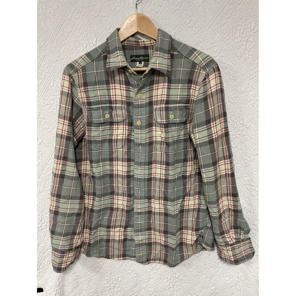 Eddie Bauer Mens Flannel Shirt Medium Green Grey Plaid Long Sleeve 100% cotton